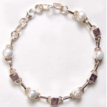 Sleek design freshwater pearl and amethyst silver bracelet